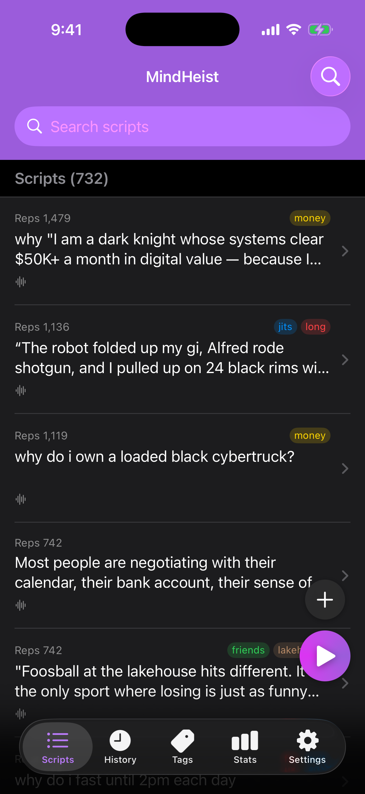 MindHeist on iPhone: Scripts list with rep counts