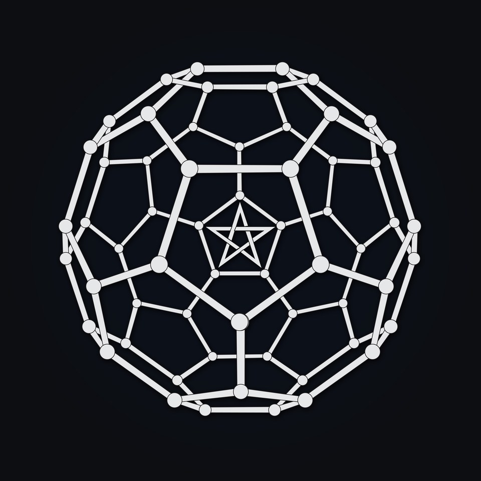 The C60 buckyball mark — geometry drawn as line art