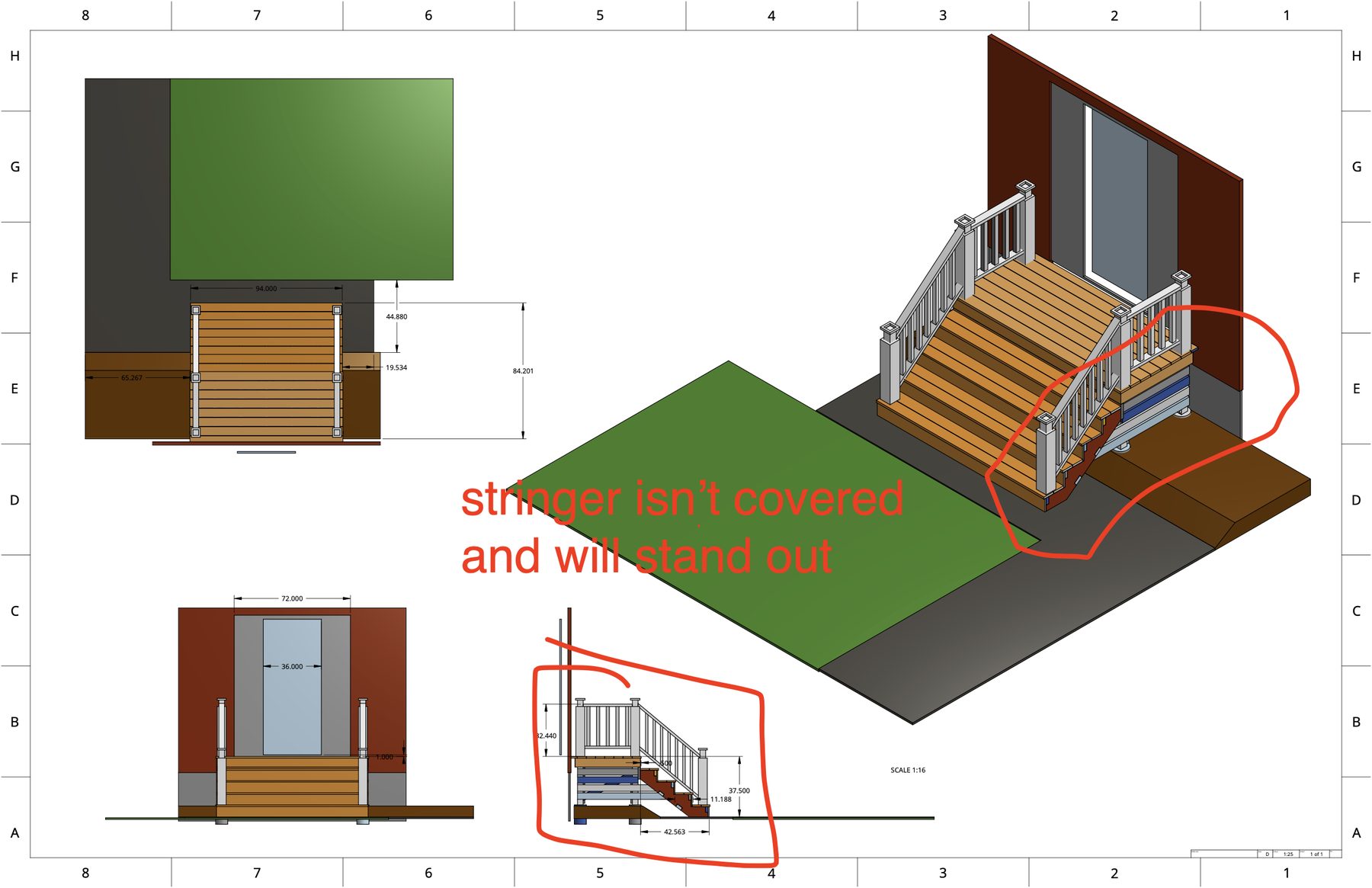 Marked-up drawing showing an exposed stair stringer