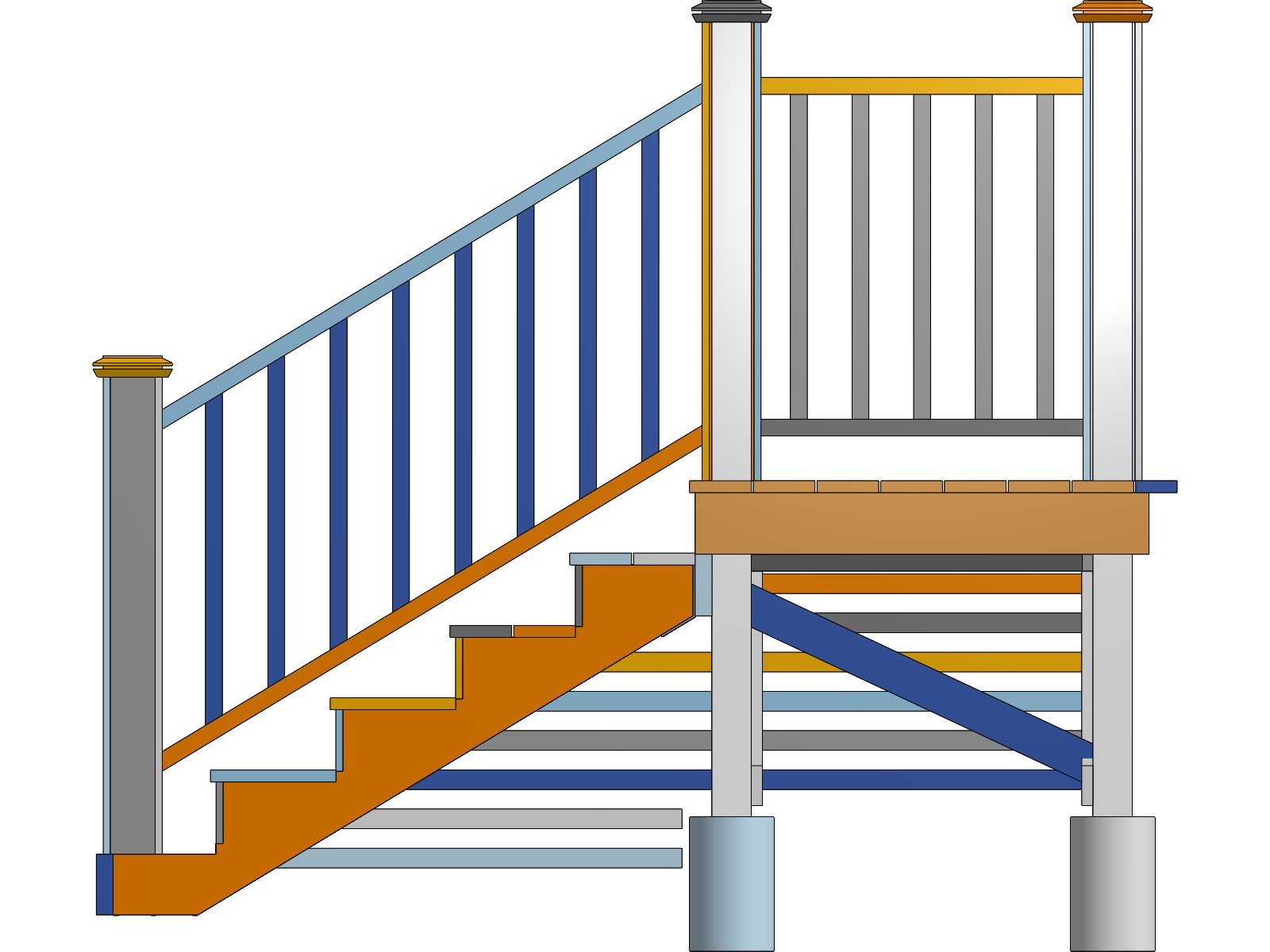Side elevation render of the final porch model showing stringer, piers and bracing