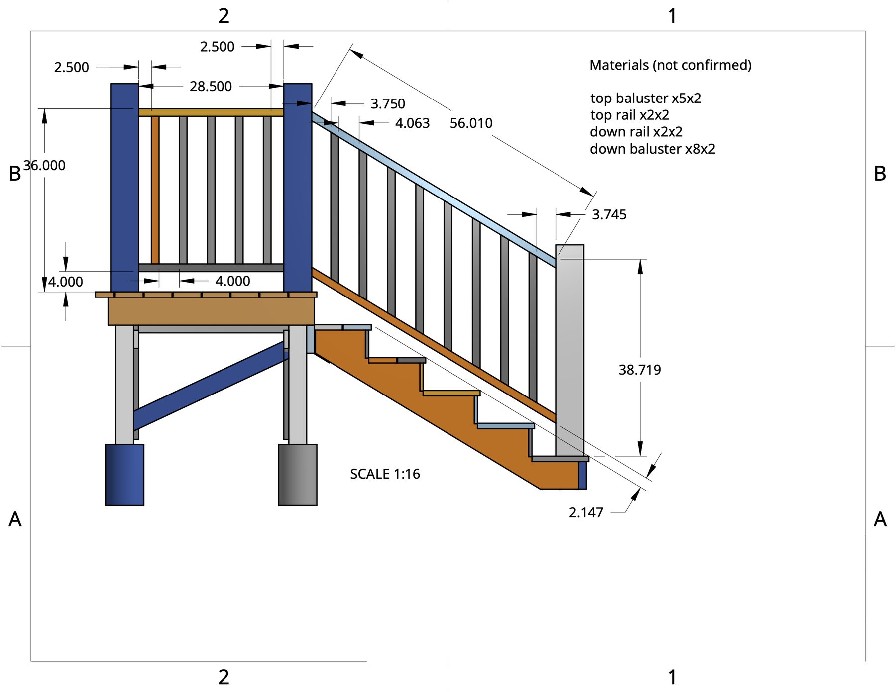 Dimensioned handrail and baluster drawing