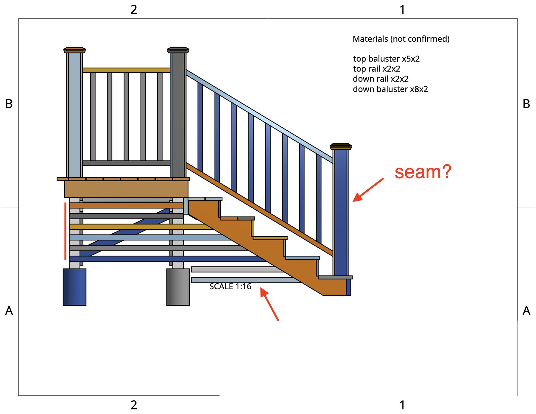 Marked-up elevation questioning a rail seam and stair support