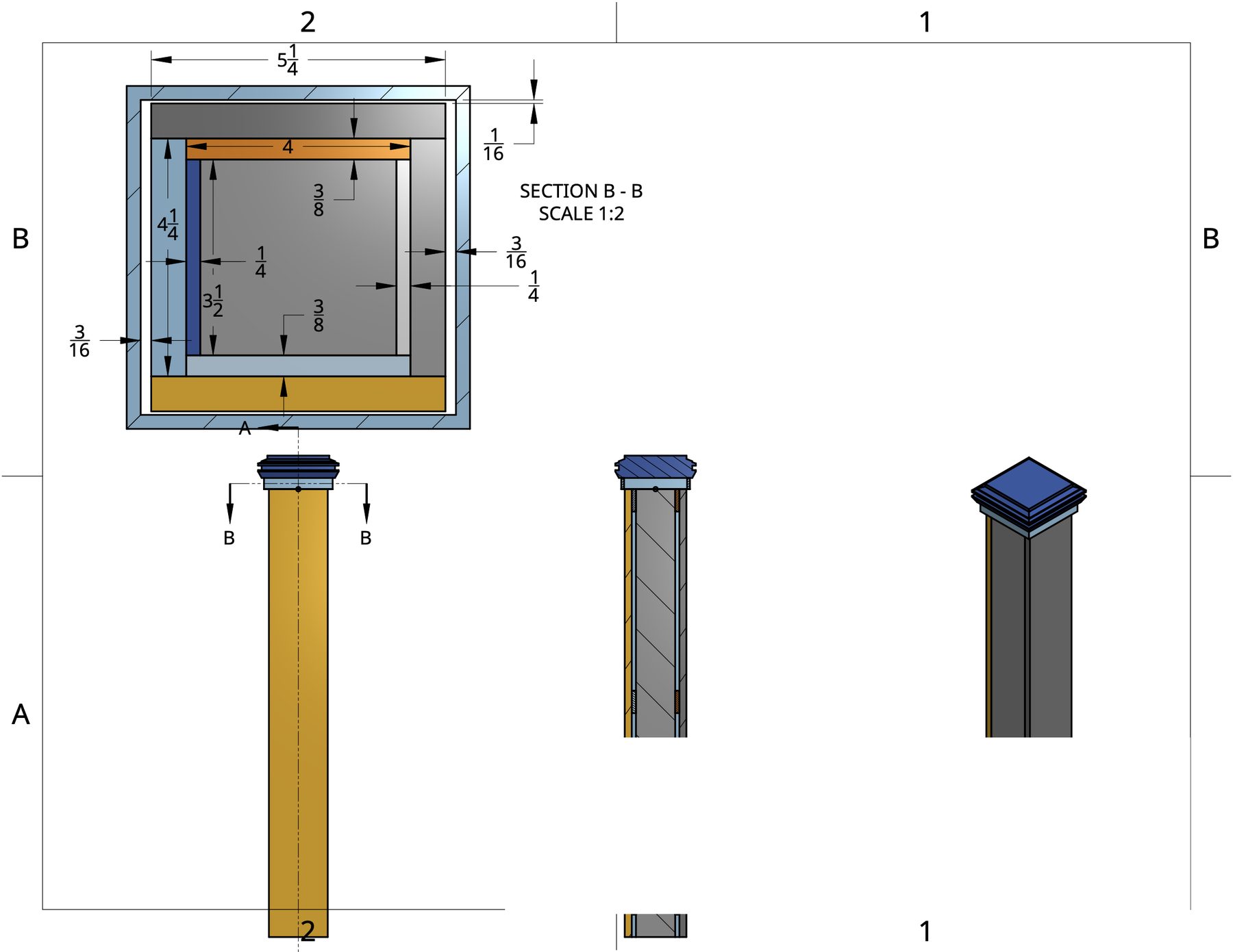 Section and detail drawing of the post wrap and cap