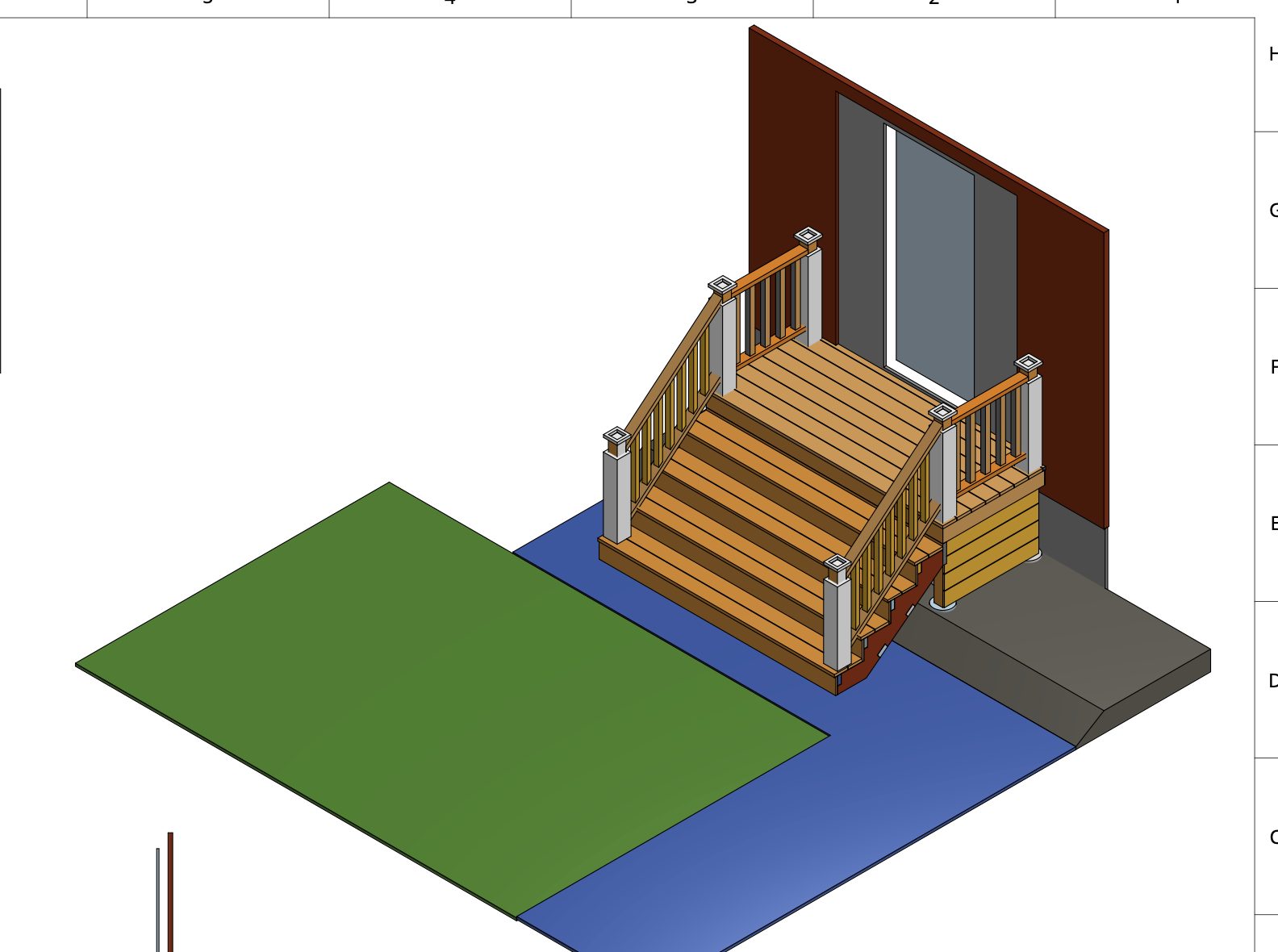 Render of the porch in context with the house, lawn and walkway