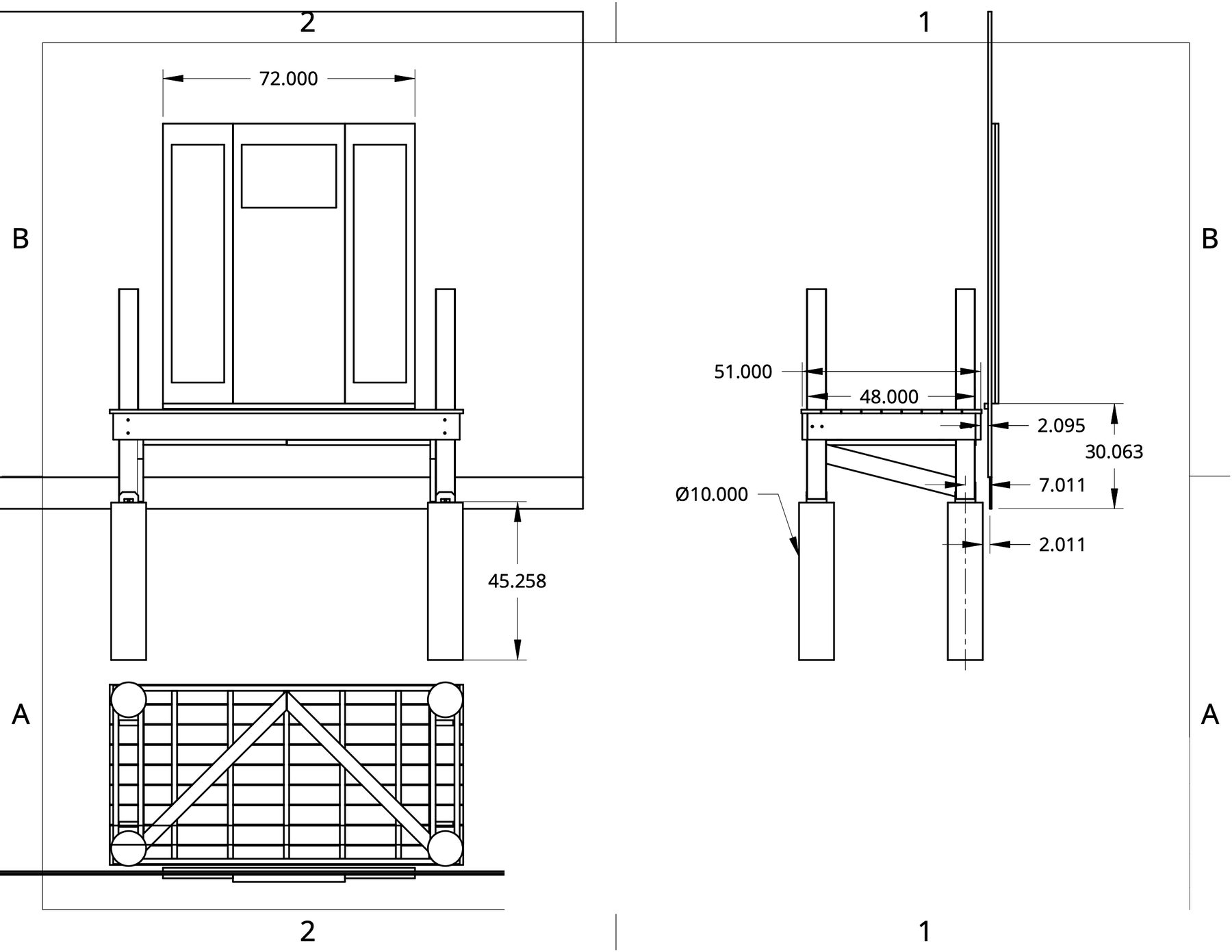 First dimensioned drawing of the porch: front and side elevations and plan