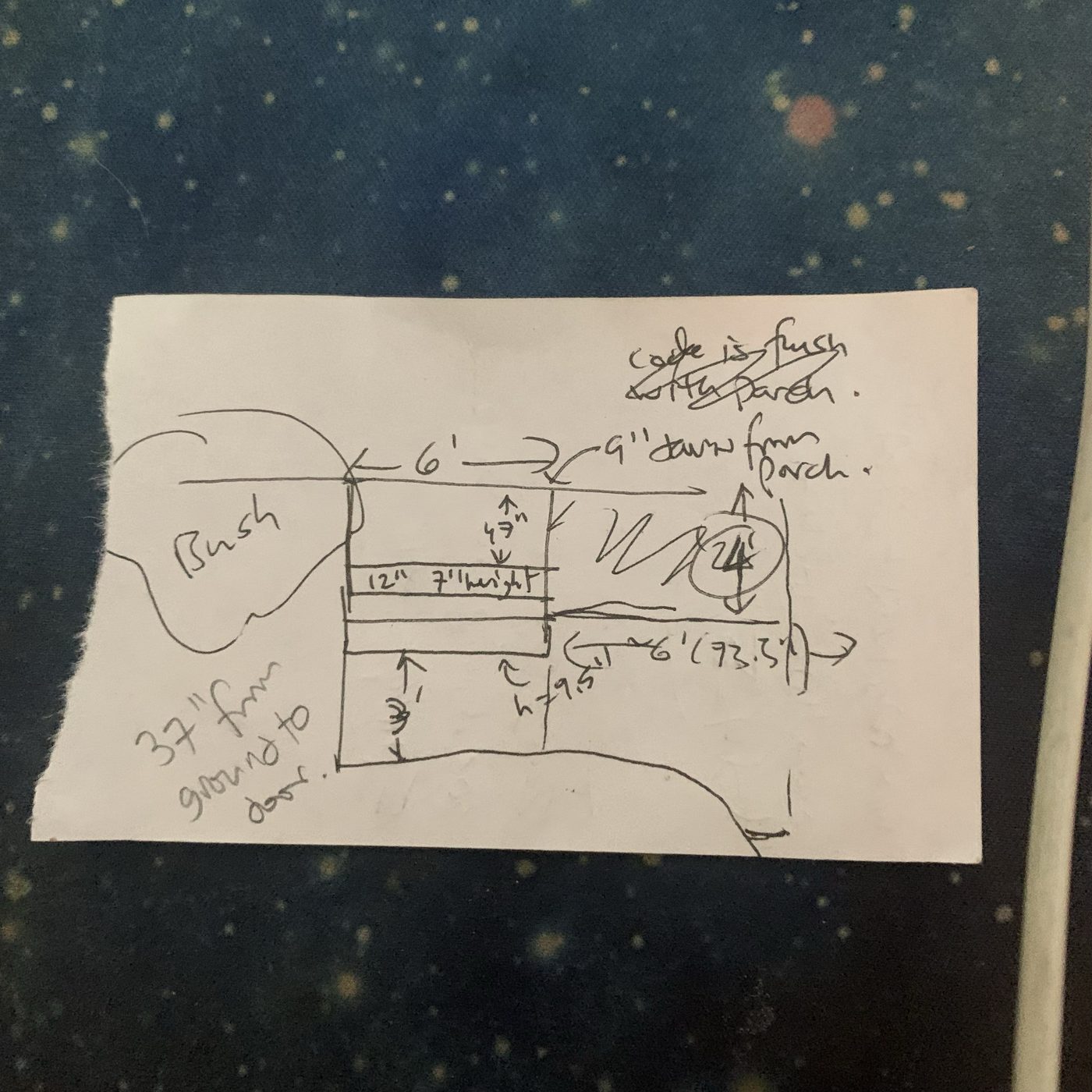 Hand sketch of the site with tape-measured dimensions