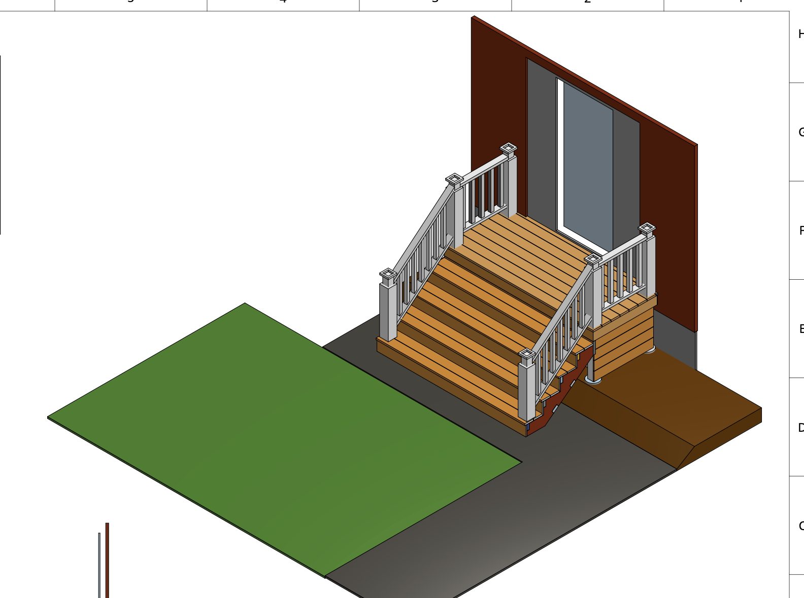 Render of the porch with white railings