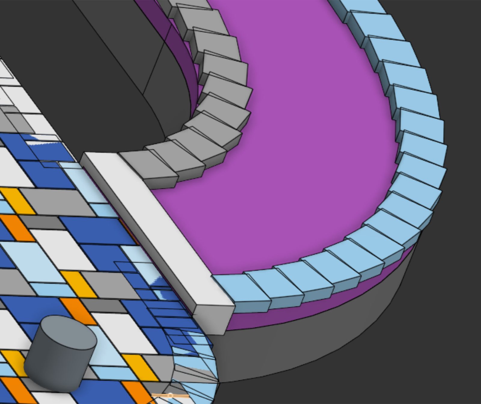 Close-up render of edge bricks fanned around the curved walkway