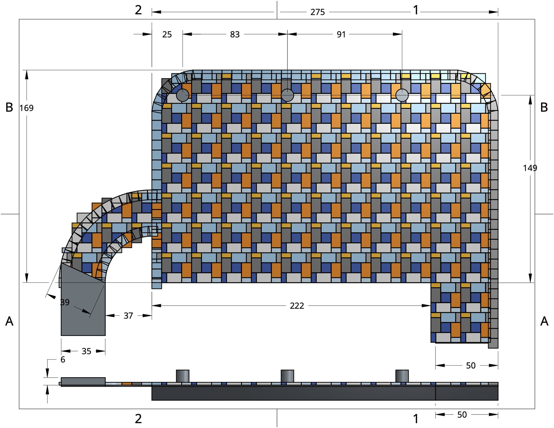 Dimensioned plan of the full three-colour patio pattern
