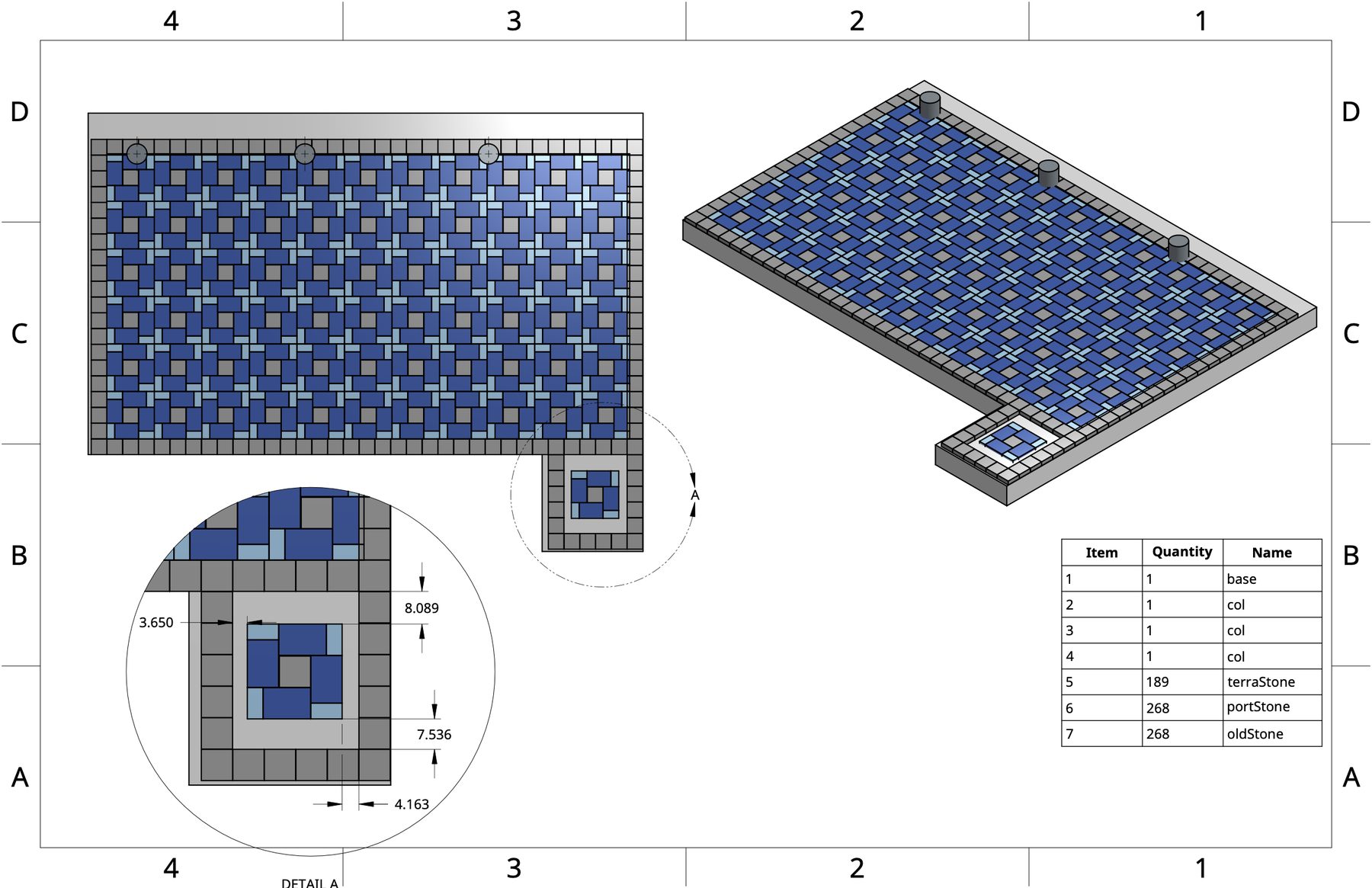 Drawing of a pinwheel paver pattern with a detail view