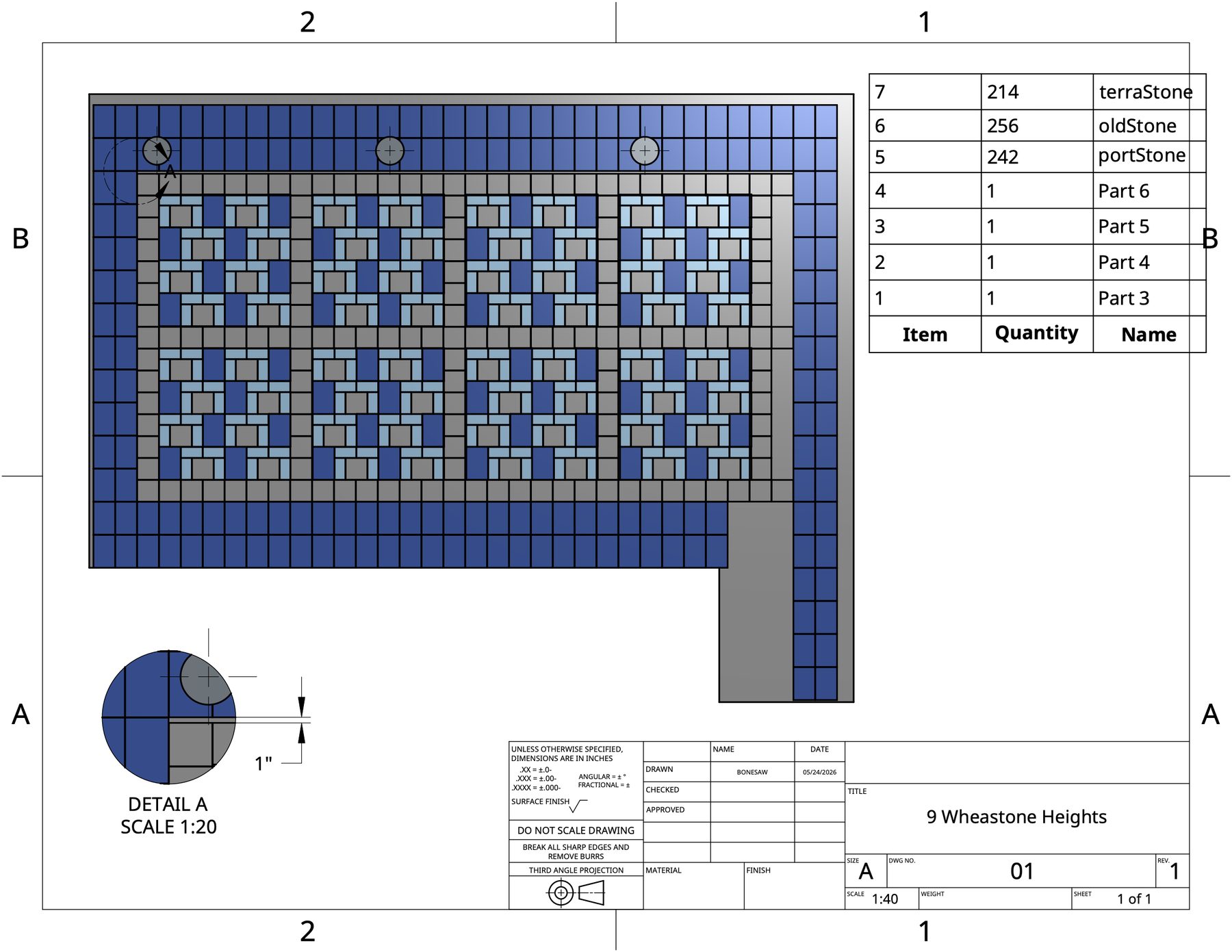 Drawing of the first patio layout with a brick count table