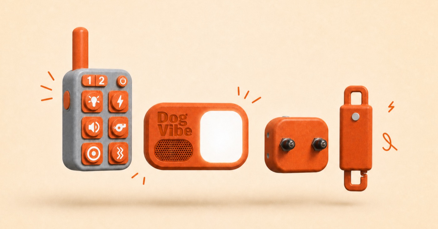 DogVibe remote, speaker, collar unit, and clip
