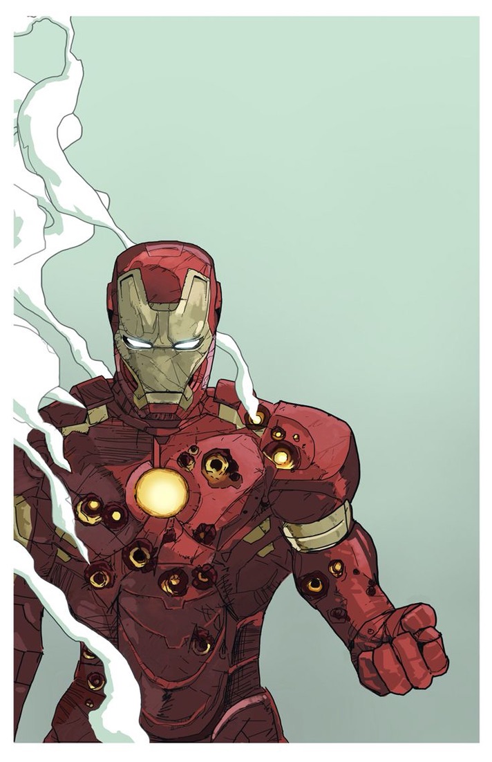 Iron Man, armour shot through, still standing
